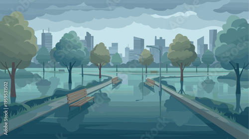 A deserted city park on a rainy day with benches and trees reflecting in the wet paths and puddles under a cloudy sky.