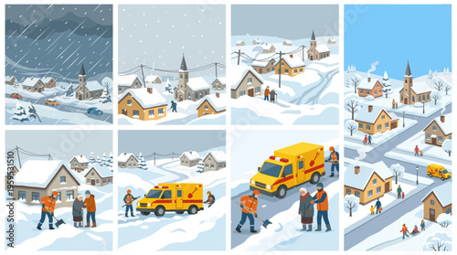 A series of illustrations depicting a village coping with a heavy snowstorm, showing emergency services like ambulances assisting residents and people shoveling snow.