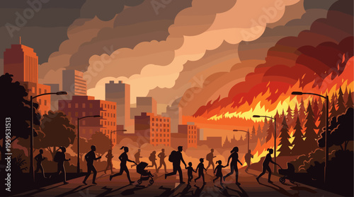 Silhouettes of families and individuals evacuate through smoke-filled streets as a wildfire rages in the background, symbolizing disaster and urgency.