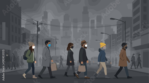 Diverse group of people wearing face masks walk across a foggy city street with blurred buildings and cars in the background.