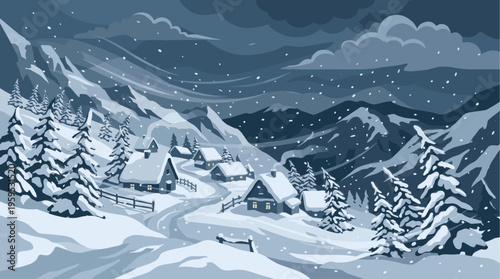 A serene winter landscape depicts a small village nestled among snow-covered mountains during a snowfall, with warm lights emanating from the houses.