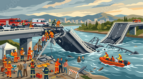 Emergency services, including firefighters and paramedics, conduct a rescue operation at a collapsed bridge, saving civilians from a flood and providing aid.
