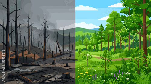 Split image showing a devastated forest after a fire on the left and a vibrant, green forest recovering on the right, illustrating environmental contrast.