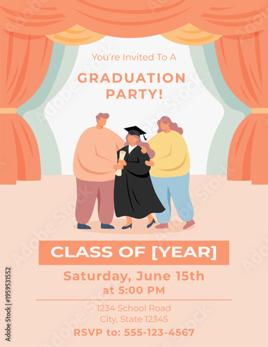 Daughter graduate holding diploma with proud parents. Family celebrating education achievement at graduation party. Invitations template design with stage curtain for academic commencement event.