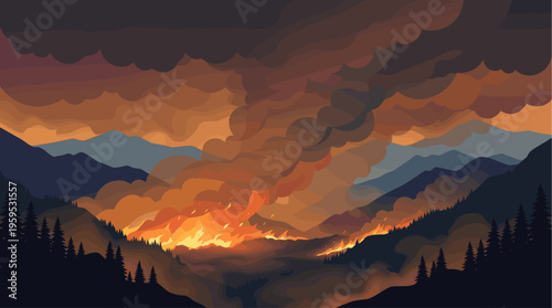 A dramatic flat illustration depicts a wildfire raging in a mountainous forest valley with smoke billowing into the dark sky.