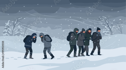 A group of people bundled in winter clothing walk through a snowstorm in a barren, frosty landscape with trees covered in snow.