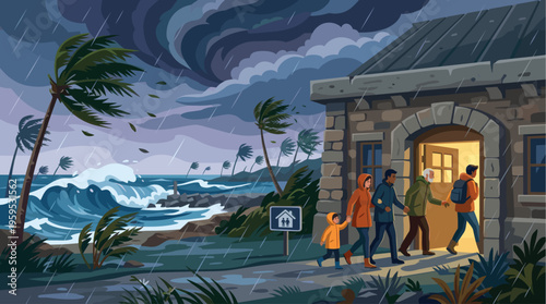 A diverse family, including a child, walks towards a building for shelter during a severe storm with high winds and heavy rain.