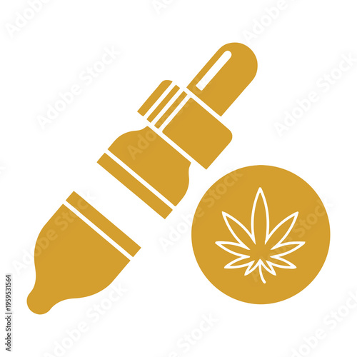 Cannabis oil dropper bottle with marijuana leaf icon on white background