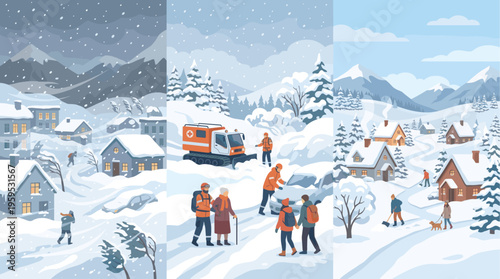 A triptych showcasing snowy village life, including rescue efforts with a snow vehicle, people helping each other, and daily activities like shoveling snow and walking a dog.