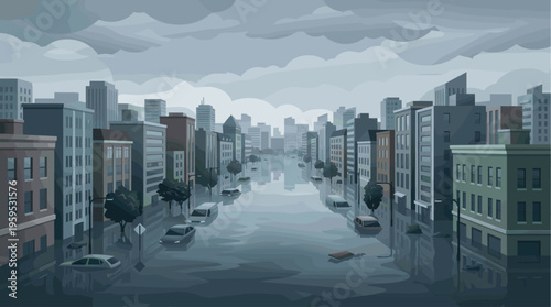 An illustration depicts a submerged cityscape with cars partially underwater and buildings reflected in the floodwaters under a cloudy sky, conveying disaster and environmental change.