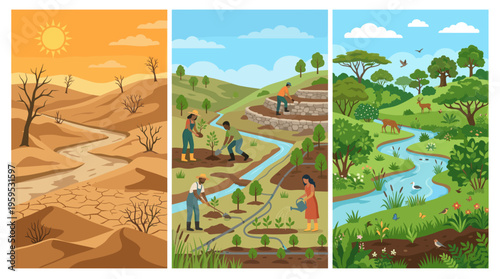 A visual narrative of environmental change showing a progression from a parched desert landscape to a thriving, green ecosystem with people actively restoring nature.