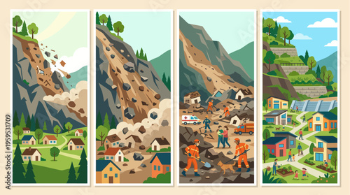 This illustrative series depicts the progression of a landslide, from initial debris flow to rescue efforts and eventual community rebuilding and preparedness.
