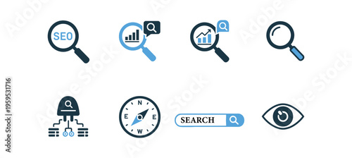 Collection of magnifying glass icons and search symbols for online investigation and data analysis tools