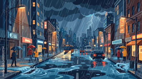 People with umbrellas walk on a flooded street at night during a thunderstorm with lightning striking buildings in this stylized illustration.