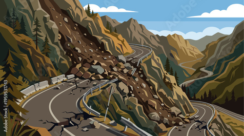 A dramatic illustration depicts a mountain road severely damaged by a landslide with rocks and debris covering the asphalt, while winding roads disappear into distant valleys.