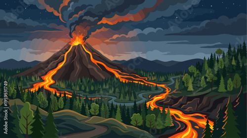 A dramatic cartoon illustration depicts a nighttime volcano eruption with glowing lava flowing through a dark forest landscape under a cloudy, starry sky.