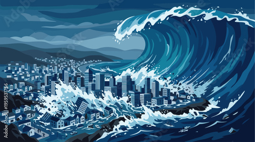 A massive blue wave engulfs a cityscape, with buildings being submerged and cars floating amidst the destructive water, illustrating a powerful natural disaster.