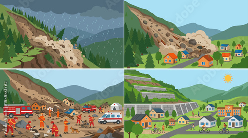 This illustrative set depicts a natural disaster sequence: a landslide in progress, its impact on a village, rescue efforts, and mitigation measures.