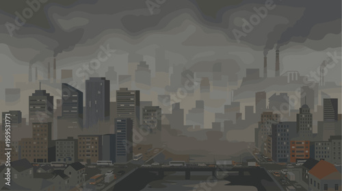 A bleak urban landscape shrouded in smog, featuring factories with smoke stacks, tall buildings, and a busy highway with traffic, conveying pollution and environmental concerns.