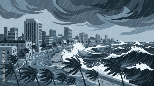 A dramatic illustration depicts a city coastline during a hurricane with intense rainfall and stormy seas, conveying a sense of nature's power.
