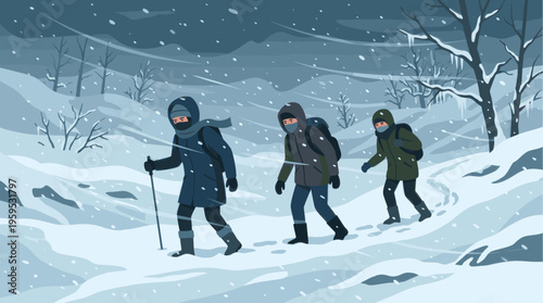 Three figures trek through a snowy landscape during a blizzard, wearing warm clothing and backpacks, suggesting adventure or hardship.