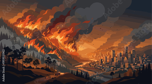 A dramatic illustration shows a massive wildfire raging on a forested hillside, sending thick smoke clouds towards a distant city skyline under an ominous sky.