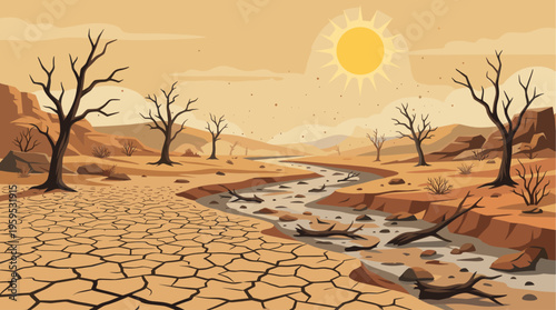 A desolate desert scene with a cracked dry riverbed, withered trees, and a hot sun evokes themes of drought and environmental crisis.