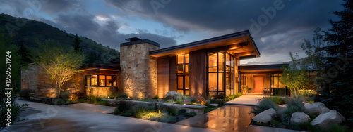 Luxurious modern mountain residence illuminated at dusk, showcasing contemporary architectural design with stone and wood accents amidst a serene natural landscape