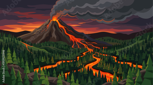 A dramatic illustration depicts a volcano erupting, with glowing lava flowing down its slopes and through a dense forest under a dark, smoky sky.