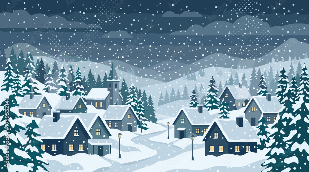 Fototapeta premium A charming village nestled among snow-covered pine trees during a gentle snowfall, with warm lights glowing from windows, evoking a peaceful and festive winter atmosphere.