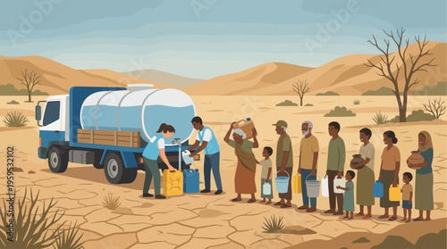 A diverse group of adults and children wait in line to collect water from a truck in a barren, cracked desert landscape, symbolizing scarcity and aid.