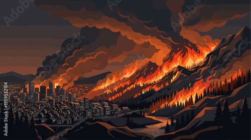 A city's skyline is dwarfed by a massive wildfire raging on a nearby mountain, casting an ominous orange glow and dark smoke across the night sky.