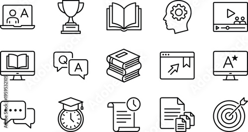Education and academic success line icon set featuring trophy, graduation cap, books, online learning, target, certificate, and student knowledge symbols.