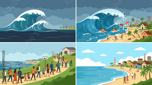 This illustration depicts the devastating impact of a tsunami on a coastal town, followed by scenes of evacuation and peaceful beach life.