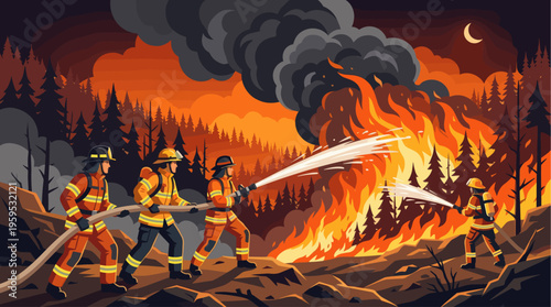 A team of firefighters in uniform use hoses to combat a raging forest fire at night, with dark smoke billowing into the sky under a crescent moon.