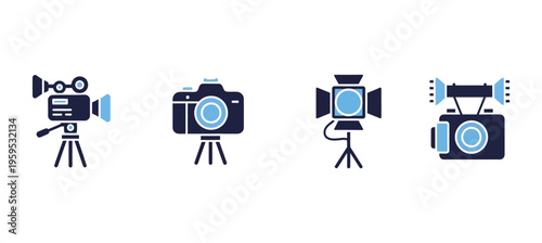 Four different types of professional video cameras on tripods