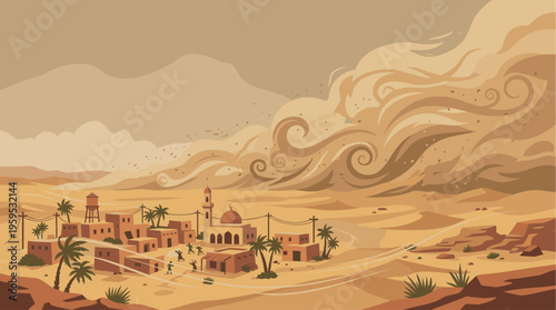 A powerful sandstorm engulfs a small desert village as people scramble for shelter amidst swirling sand and arid landscape.
