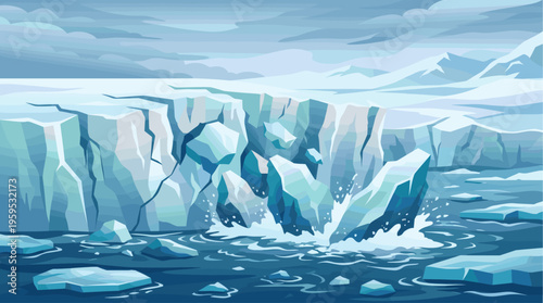 A dynamic illustration depicting an arctic iceberg calving into the ocean, with chunks of ice breaking off and splashing into the deep blue water under a moody sky.