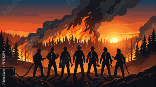 A group of firefighters stand in silhouette against a raging forest fire with smoke billowing into the sky and a dramatic sunset in the background.