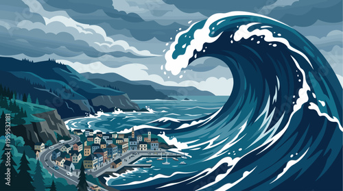 A massive, powerful tsunami wave looms over a picturesque coastal village, threatening its buildings and harbor with dark, stormy clouds overhead.