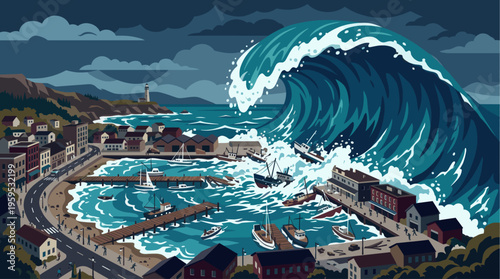A massive, stylized tsunami wave engulfs a coastal town, destroying boats in the harbor amidst a dramatic, dark sky.