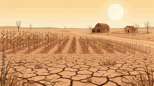 An arid farm landscape with parched corn crops, cracked dry earth, barren trees, and abandoned wooden structures under a hazy sun.