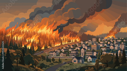 A large forest fire with towering flames and smoke engulfs trees, approaching a residential neighborhood.