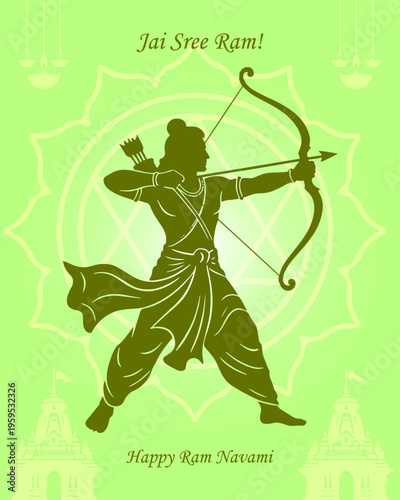 Silhouette of lord rama aiming with bow and arrow, Ram Navami celebration