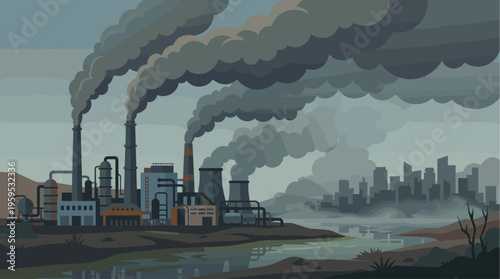 An industrial factory complex with smokestacks emitting dark smoke into the hazy sky, a polluted river in the foreground, and a distant city skyline.