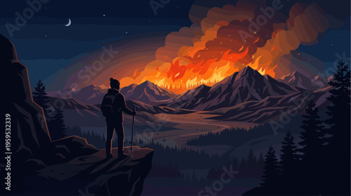 A lone hiker silhouetted on a cliff overlooks a vast mountain range engulfed in a destructive wildfire under a starry night sky.