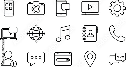 Digital communication and social media line icon set featuring smartphone, camera, messaging, video player, global networking, contact book, and web symbols.