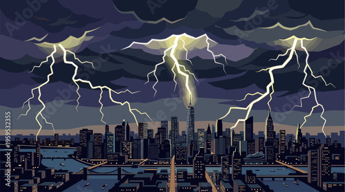 A dramatic illustration of a city skyline at night, illuminated by multiple lightning strikes under a dark, stormy sky, evoking a sense of power and danger.