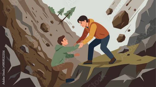 A man extends a hand to help another person climb out of a rocky landslide, illustrating teamwork and rescue in a dangerous situation.