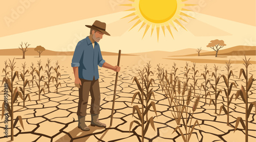 A lone farmer in a hat and blue shirt stands in a parched cornfield with cracked earth under a blazing sun.